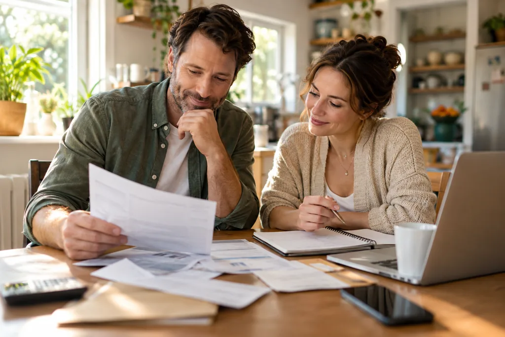 Couple going over household bills together at the kitchen table
