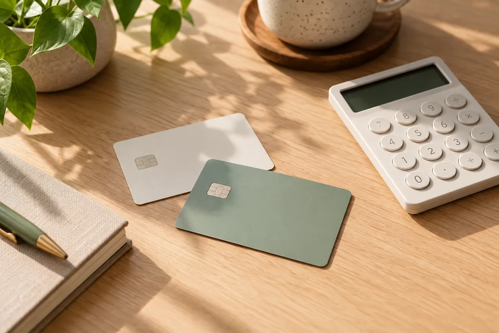 Two blank payment cards next to a calculator on a wooden desk
